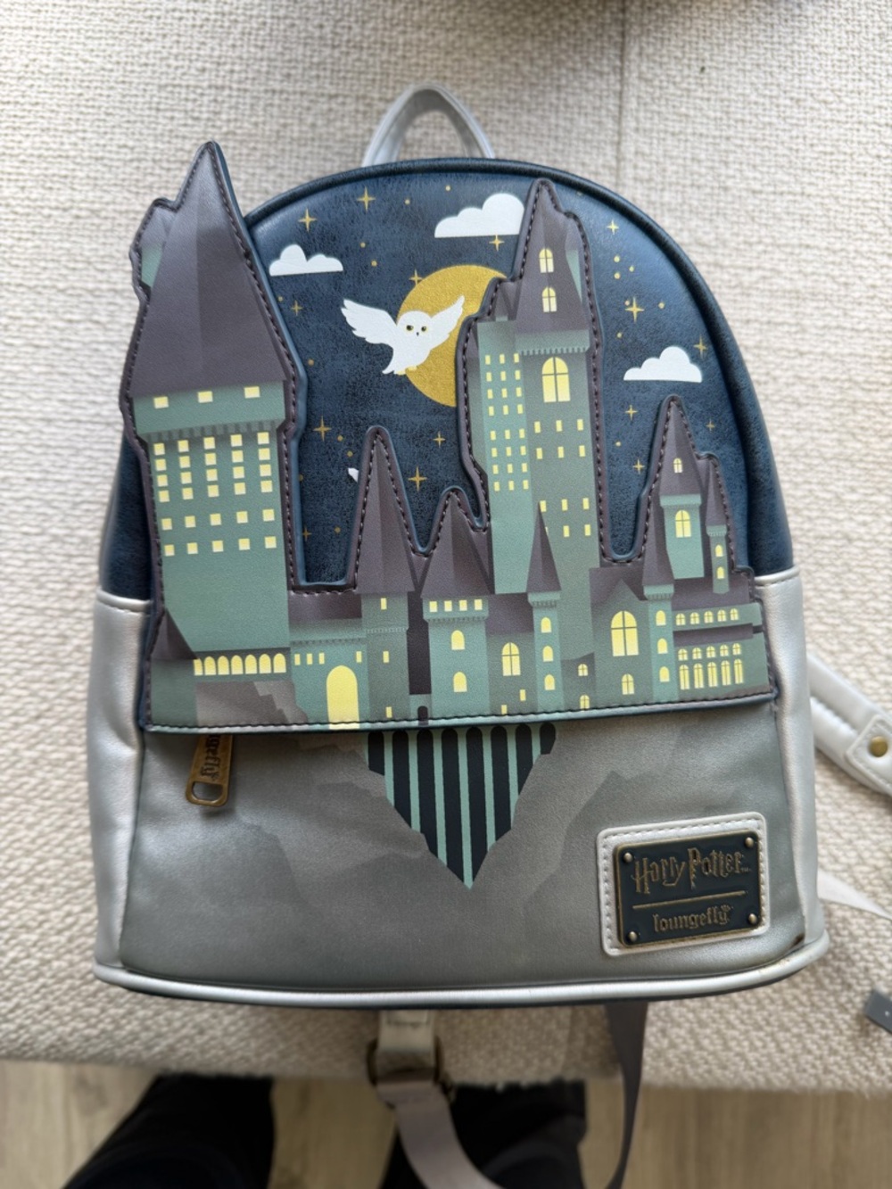 Loungefly Hogwarts Mini Backpack in Silver and Navy with Brass Accents